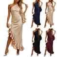 thumbnail image 1 of BiZtdJrK Women's Midi Satin Dress One Shoulder Single Ruffle Sleeve Ruched Wedding Guest Dresses Asymmetrical High Slit Hem Cocktail Party Dress Khaki S, 1 of 8