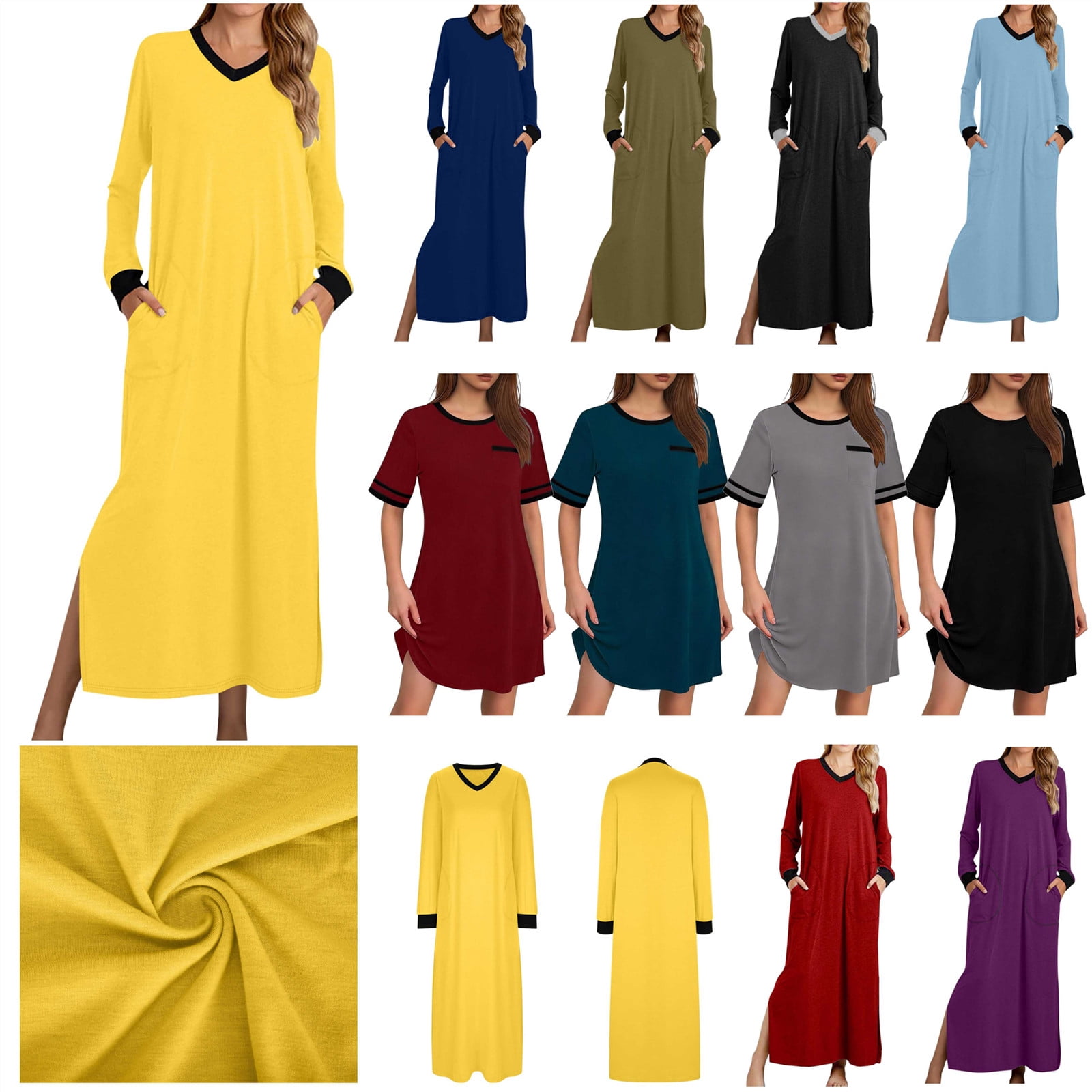 BiZtdJrK Women's Nightshirt Long Sleeve Nightgown Solid Casual V Neck Sleepwear Full Length Pajama Dress with Pockets Soft Loungewear Black XXL
