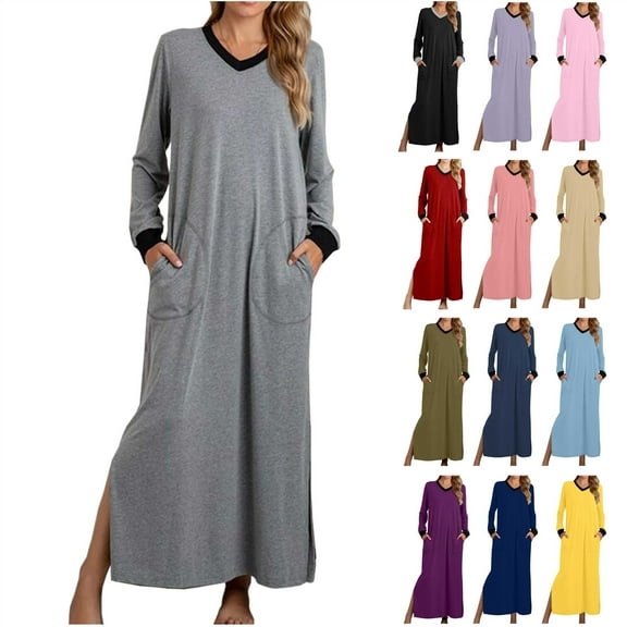 BiZtdJrK Women's Nightshirt Long Sleeve Nightgown Solid Casual V Neck Sleepwear Full Length Pajama Dress with Pockets Soft Loungewear Purple XXL