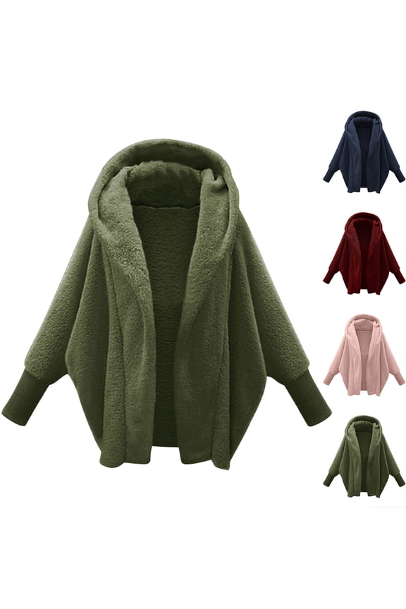 Women's Open Front Fuzzy Cardigans Sherpa Fleece Cuff Sleeve Hoodie Jacket Cozy Warm Winter Coats Army Green S