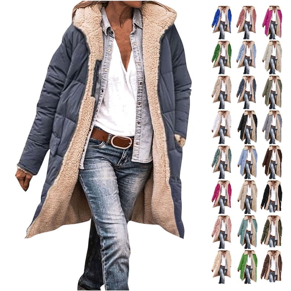 BiZtdJrK Women's Oversized Long Coat Plush Lining Reversible Zipper Puffer Jackets Long Sleeve Hooded Down Outerwear with Pocket 2024 Fall Winter Warm Clothes 90 Percent off Clearance Sale Green M