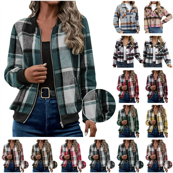 BiZtdJrK Women's Plaid Bomber Jacket Fashion Fall Coats Casual Zip Up Long Sleeve Shackets Lightweight Outerwear, Red, L