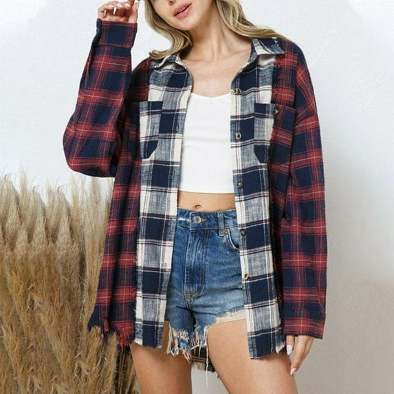 BiZtdJrK Women's Plaid Shacket Long Sleeve Shirt Jackets Casual Distressed Frayed Raw Hem Tops Fashion Patchwork Button Down Lapel Blouse Lightening Sales Red L