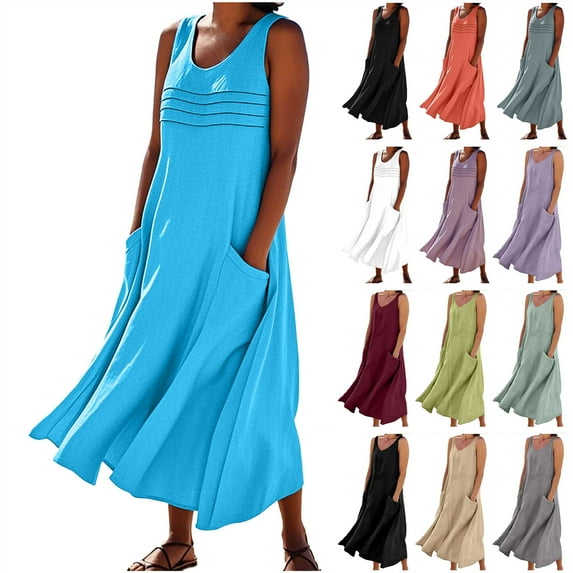 BiZtdJrK Women's Pleated Cotton Linen Tank Dress with Pockets Summer Casual Loose Crew Neck Sleeveless Flowy Maxi Dresses Gray XL