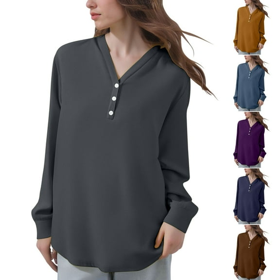 BiZtdJrK Women's Plus Size Casual T Shirts Button Down V Neck Long Sleeve Tee Tops Curved Hem Fall Fashion Tshirt Blue XXXXL