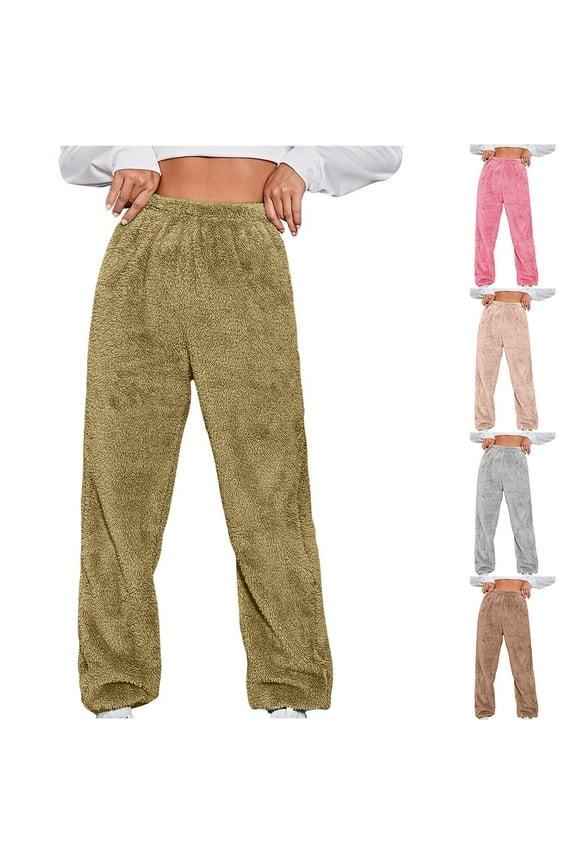 Women's Plus Size Fuzzy Pants Flannel Fluffy Elastic High Waist Casual Pants Comfy Lounge Trousers Gray XS