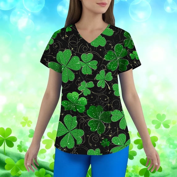 BiZtdJrK Women's Plus Size Holiday Scrub Tops Shamrock Graphic Short Sleeve V Neck Scrubs Shirts Lightweight Stretch Nursing Uniform with Pockets Green XXXL