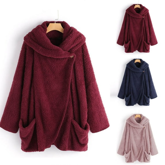 BiZtdJrK Women's Plush Lapel Cardigan Casual Button Open Front Sweater Jacket Solid Color Long Sleeve Sherpa Fleece Outerwear with Pockets Holiday Sales Wine L