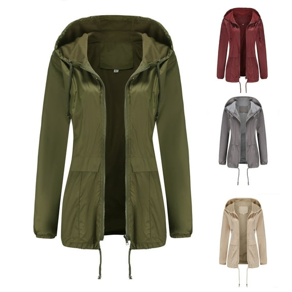 BiZtdJrK Women's Rain Coat Zip Windproof Trench Jacket Casual Drawstring Hooded Rain Jacket 2024 Fall Solid Waterproof Windbreaker Sales Today Gray XXL
