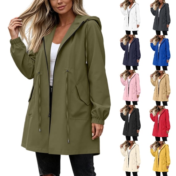 BiZtdJrK Women's Rain Jacket Lightweight Plus Size Long Raincoat Outdoor Hooded Windbreaker Waterproof Jackets with Pockets Beige L