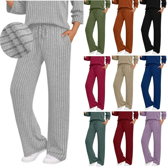 BiZtdJrK Women's Ribbed Knit Lounge Pants Drawstring High Waisted Textured Sweatpants Comfy Workout Wide Leg Trousers with Pockets, Orange, S
