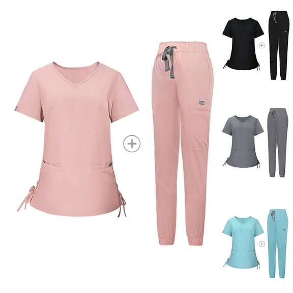 BiZtdJrK Women's Scrub Sets V Neck Short Sleeve Scrubs Tops and Jogger Pants 2 Piece Outfits Soft Nursing Uniform with Pockets Light Blue S