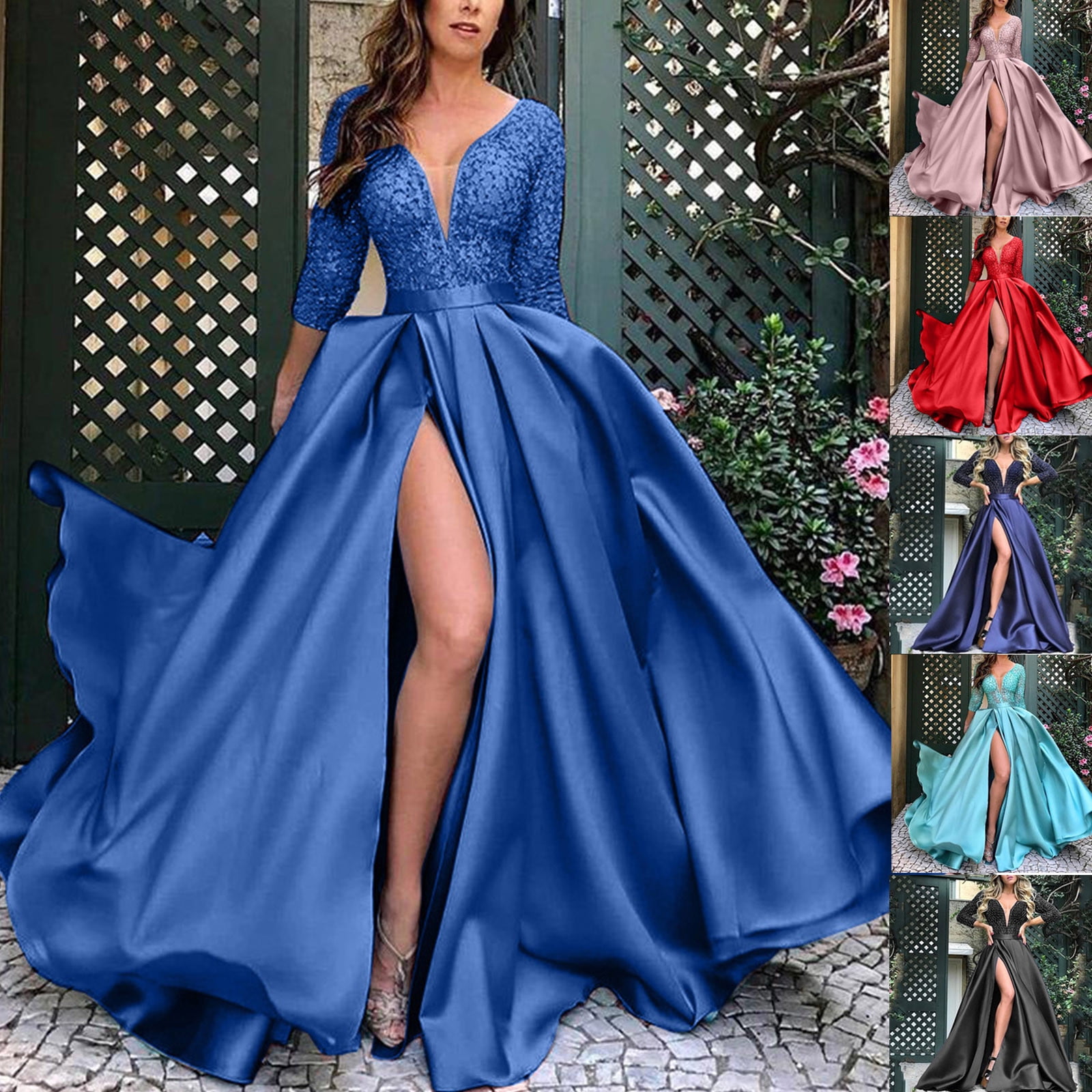 BiZtdJrK Women's Sexy Deep V Neck Maxi Dress Long Sleeve Patchwork Sequin Prom Dress Elegant