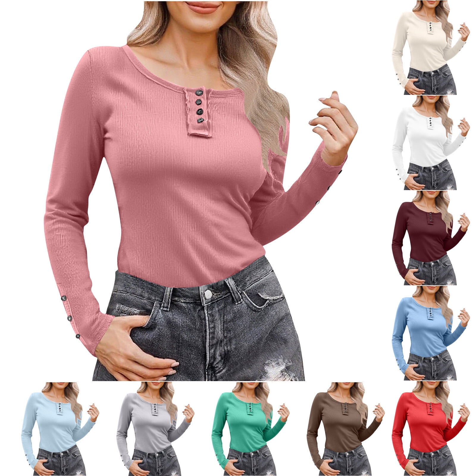 BiZtdJrK Women's Slim Fit T Shirt Button Up Long Sleeve Henley Shirts ...