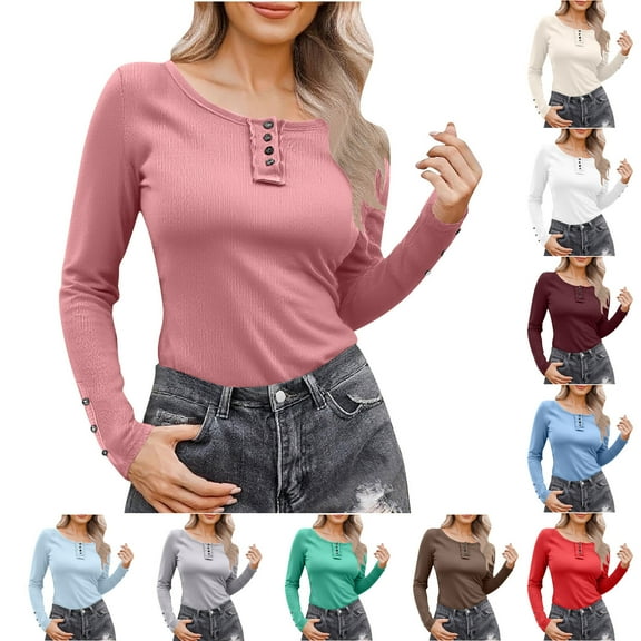 BiZtdJrK Women's Slim Fit T Shirt Button Up Long Sleeve Henley Shirts Ribbed Knit Comfy Casual Tee Tops Fall Tees Wine L
