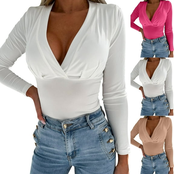 BiZtdJrK Women's Slim Fit Tee Tops Wrap Deep V Neck Long Sleeve Shirts Slim Fit Fashion Going Out Tees Soft Fall T Shirt Khaki XXL