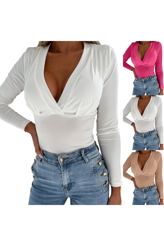 Women's Slim Fit Tee Tops Wrap Deep V Neck Long Sleeve Shirts Slim Fit Fashion Going Out Tees Soft Fall T Shirt White XXL