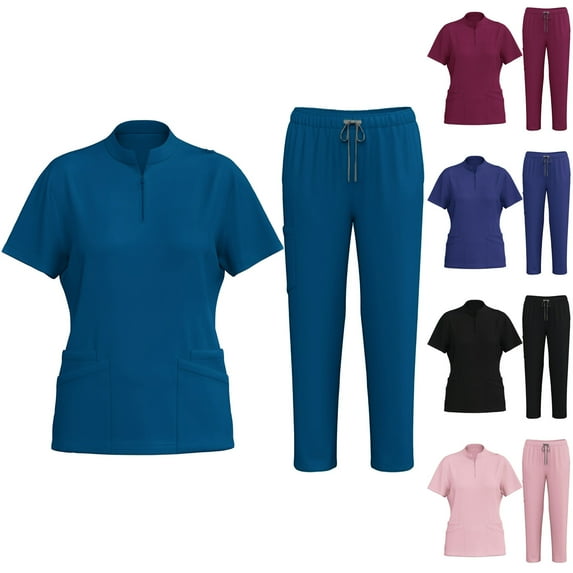 BiZtdJrK Women's Solid Color Half Zip Scrub Tops with Elastic Drawstring Waist Straight Pants 2 Piece Sets Casual Quick Dry Nurse Clothes Sets Dark Blue L 90% off Clearance Sale