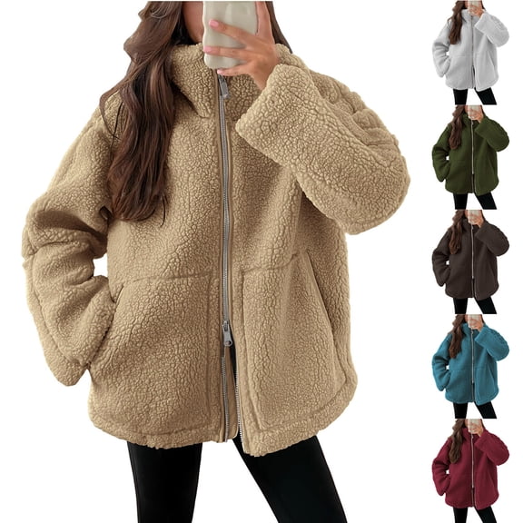 BiZtdJrK Women's Solid Winter Faux Coats Casual Long Sleeve Zip Up Jackets Fuzzy Fleece High Neck Coats 2025 Fall Winter Teddy Outerwear Limited Time Sale Wine XL