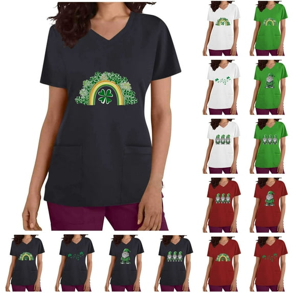 BiZtdJrK Women's St. Patrick's Day Scrub Tops Trendy Shamrocks Printed V Neck Short Sleeve Tshirts Casual Nursing Uniform Scrubs Shirts with Pockets Black XL Prime Day Sales Today