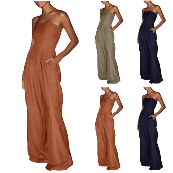 BiZtdJrK Women's Strapless Tube Wide Leg Jumpsuits Dressy Casual Flowy Long Rompers Solid Casual Onesie Pants with Pockets Black XXL