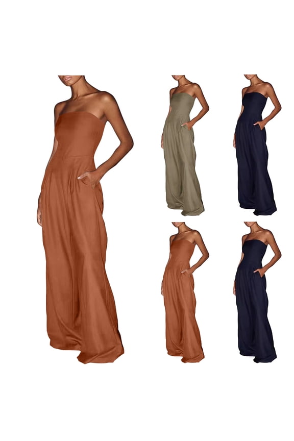BiZtdJrK Women's Strapless Tube Wide Leg Jumpsuits Dressy Casual Flowy Long Rompers Solid Casual Onesie Pants with Pockets Brown XXXL Gifts for Mom