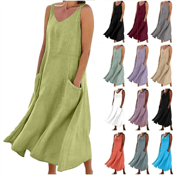 BiZtdJrK Women's Summer Cotton Linen Long Dress Sleeveless Elegant Flowy Dresses Solid Color Vacation Beach Tank Dress with Pockets Gray XL Today's Sales of The Day