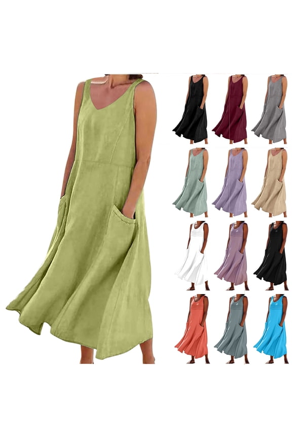 BiZtdJrK Women's Summer Cotton Linen Long Dress Sleeveless Elegant Flowy Dresses Solid Color Vacation Beach Tank Dress with Pockets Mint Green XXL Weekly Sales