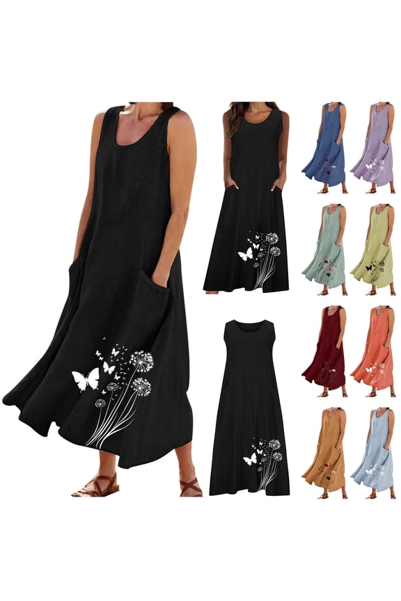 BiZtdJrK Women's Summer Cotton Linen Long Dress Sleeveless Flower Print Flowy Maxi Dresses Comfy Boho Beach Sundress with Pockets, Red, XXL