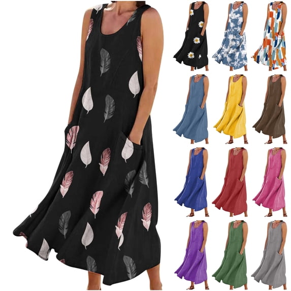 BiZtdJrK Women's Summer Dresses 2025 Trendy Boho Print Sleeveless Beach Tank Dress Casual Baggy Flowy Maxi Sun Dresses with Pockets Pink XXL Sales Today