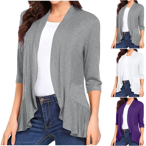 BiZtdJrK Women's Summer Kimono Cardigans Ruffle Hem 3/4 Sleeve Open Front Cardigan Comfy Solid Color Casual Outerwear White XL