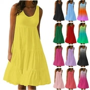 VISIT THE BIZTDJRK STORE BiZtdJrK Women's Summer Sleeveless Beach Dresses Solid Color Casual Pleated Tank Dress Loose Plus Size Swing Sundress Vacation Clothes Sky Blue XXXL Prime Sales