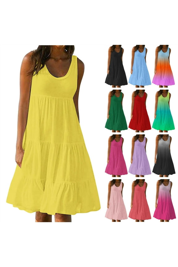 BiZtdJrK Women's Summer Sleeveless Beach Dresses Solid Color Casual Pleated Tank Dress Loose Plus Size Swing Sundress Vacation Clothes Yellow S Back to School Prime Sales