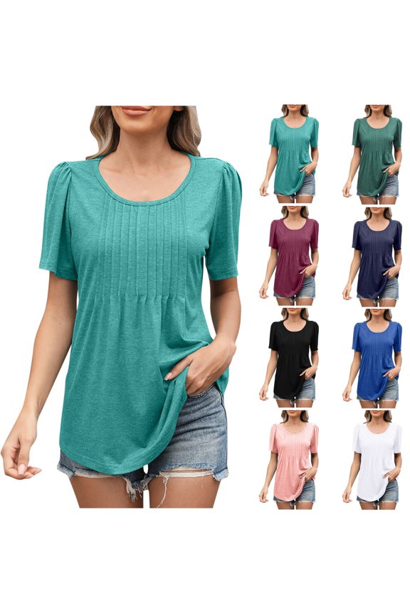 Women's T Shirts Pleated Front Short Sleeve Dressy Casual T Shirt Loose Fit Soft Summer Tee Tops Solid Crew Neck Tees Green M