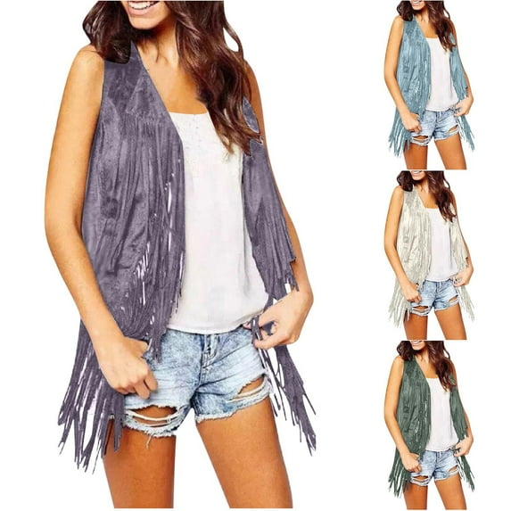 BiZtdJrK Women's Tassel Sleeveless Vest 70s Hippie Faux Suede Fringe Jacket Casual Open Front Cardigans 2024 Fall Going Out Tops Back to College Sale Light Blue 3XL