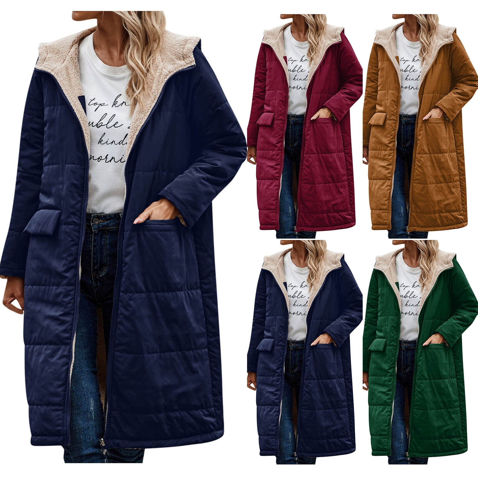 BiZtdJrK Women's Trench Coats 2024 Fall Winter Hooded Warm Fleece