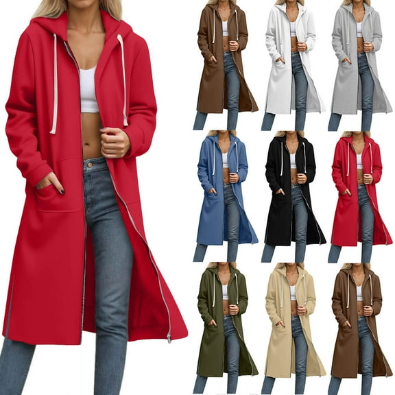 BiZtdJrK Women's Tunic Sweatshirt Jackets Knee Length Side Split Long Sleeve Zipper Hooded Sweatshirts Drawstring Fashion Fall Hoodie Coats with Pockets Beige M