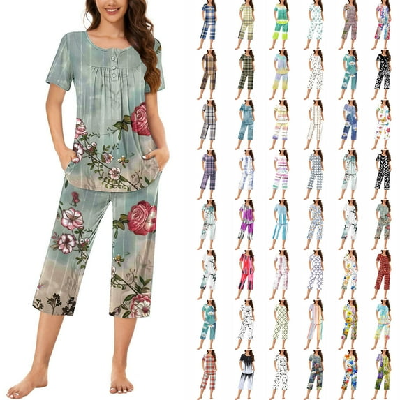 BiZtdJrK Women's Two Piece Set Casual Pleated Short Sleeve Shirts and Capris Pajamas Sets Trendy Plaid Print Sleepwear Suits with Pockets Lightning Sales Purple XL