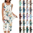 thumbnail image 1 of BiZtdJrK Women's Two Piece Set Casual Sleeveless Tank Tops and Cropped Pants Lounge Sets Trendy Print Pleated Crewneck Shirts Capris Sleepwear Outfits White S, 1 of 7