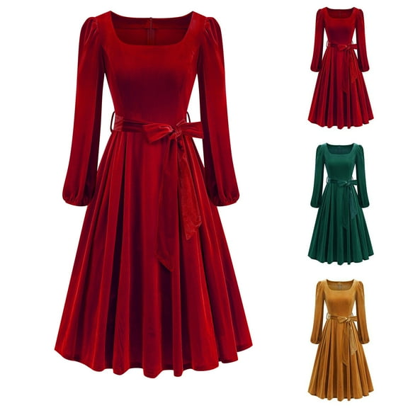 BiZtdJrK Women's Velvet Midi Dress Casual Square Neck Long Sleeve Wedding Guest Dresses Ladies Cocktail Evening Party Dress, Khaki, XL