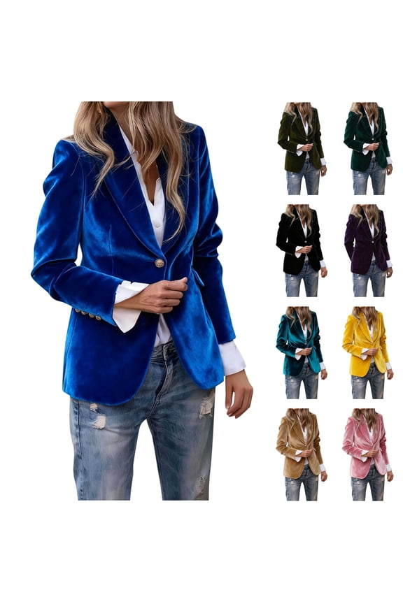 BiZtdJrK Women's Velvet Suit Jacket Long Sleeve Button Up Blazer Business Casual Coat for Work Office Fall Winter Outfits, Purple, M