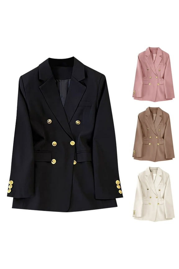 Women's Vintage Double Breasted Dress Blazer Slim Fit Suit Jacket Fall Long Sleeve Lapel Coat Business Casual Work Office Blazers Todays Daily Sales Black L