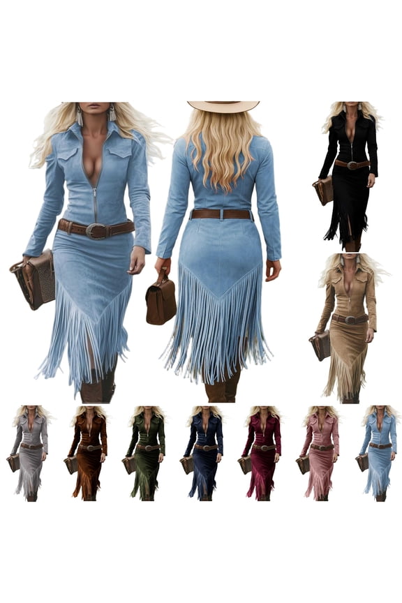 BiZtdJrK Women's Western Cowgirl Suede Dress Vintage Long Sleeve Slim Fit Fringe Dress Lapel Zip Cocktail Party Dresses, Gray, L