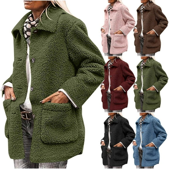 BiZtdJrK Women's Winter Faux Fur Coats Casual Long Sleeve Lapel Jackets Solid Color Button Down Fleece Sherpa Outerwear with Pockets Fall Winter Clothes 50% Percent off Sales Today Navy XL