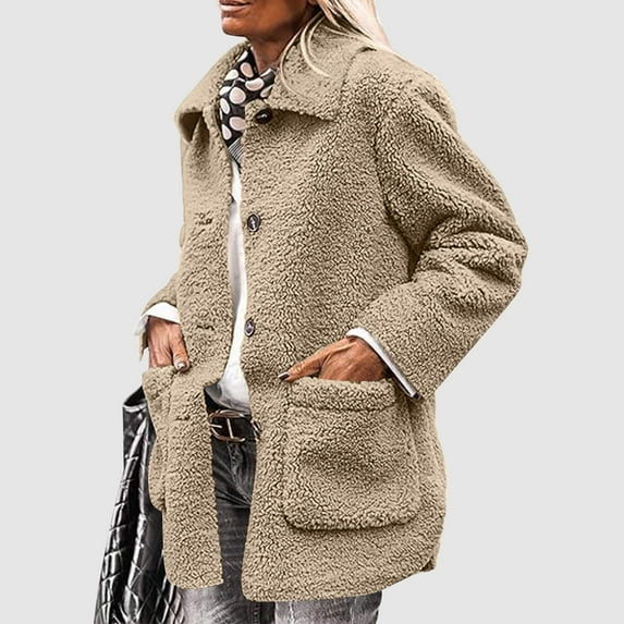 BiZtdJrK Women's Winter Faux Fur Coats Casual Long Sleeve Lapel Jackets Solid Color Button Down Fleece Sherpa Outerwear with Pockets Fall Winter Clothes Back to College Sale Khaki S