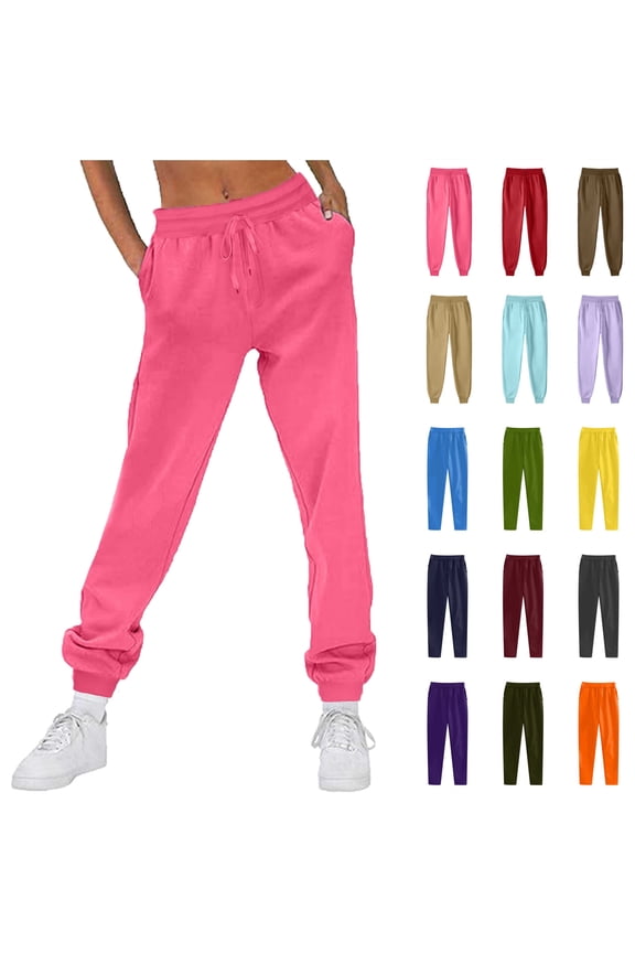 Women's Winter Fleece Sweatpants Casual Comfy High Waisted Workout Pants Solid Trousers Drawstring Cinch Bottom Joggers Pants with Pocket Hot Pink L