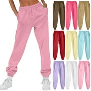 BiZtdJrK Women's Winter Fleece Sweatpants Casual Comfy High Waisted Workout Pants Solid Trousers Drawstring Cinch Bottom Joggers Pants with Pocket Today Deals Hot Pink M