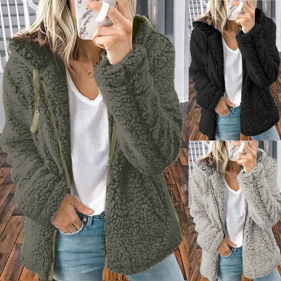 BiZtdJrK Women's Winter Sherpa Jacket Fluffy Fleece Zipper Hoodies Comfy Warm Coat Solid Hooded Jackets with Pockets Gray M