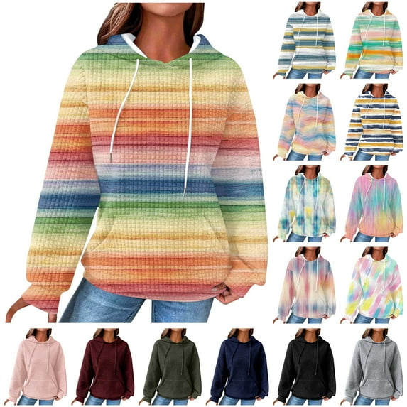 BiZtdJrK Women's Y2K Tops Trendy Rainbow Print Hoodies Casual Waffle Knit Cute Sweatshirts Drawstring Hooded Pullover for Teen Girls Clothes Multicolor XXL