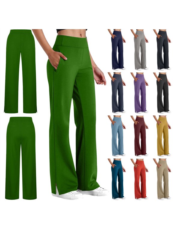 Women's Yoga Pants with Pockets Loose Casual Split Hem Leggings Solid Color Elastic Waist Wide Leg Workout Trousers Dark Gray S